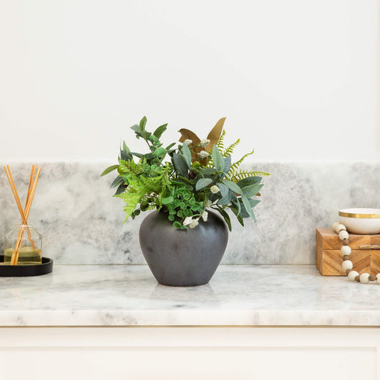 Nearly Natural 7-Inch Black Round Ceramic Urn Vase - Handmade Decorative Flower Vase for Artificial Stems