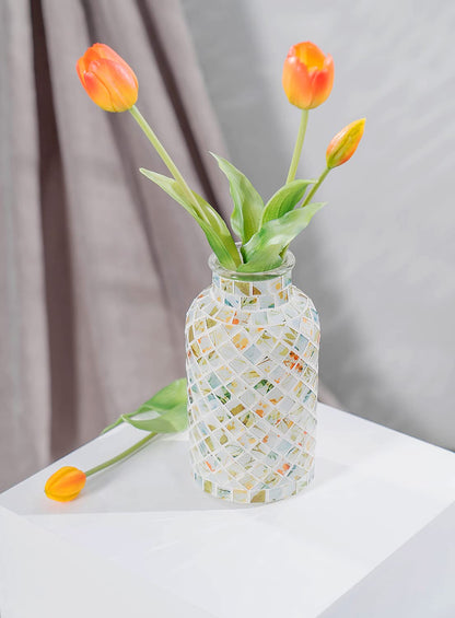 Classic Mosaic Flower Vase for Home Decor, 8”(H) Glass Handmade Table Centerpiece Container for Office, Living Room Kitchen, Wedding. (Green Day)