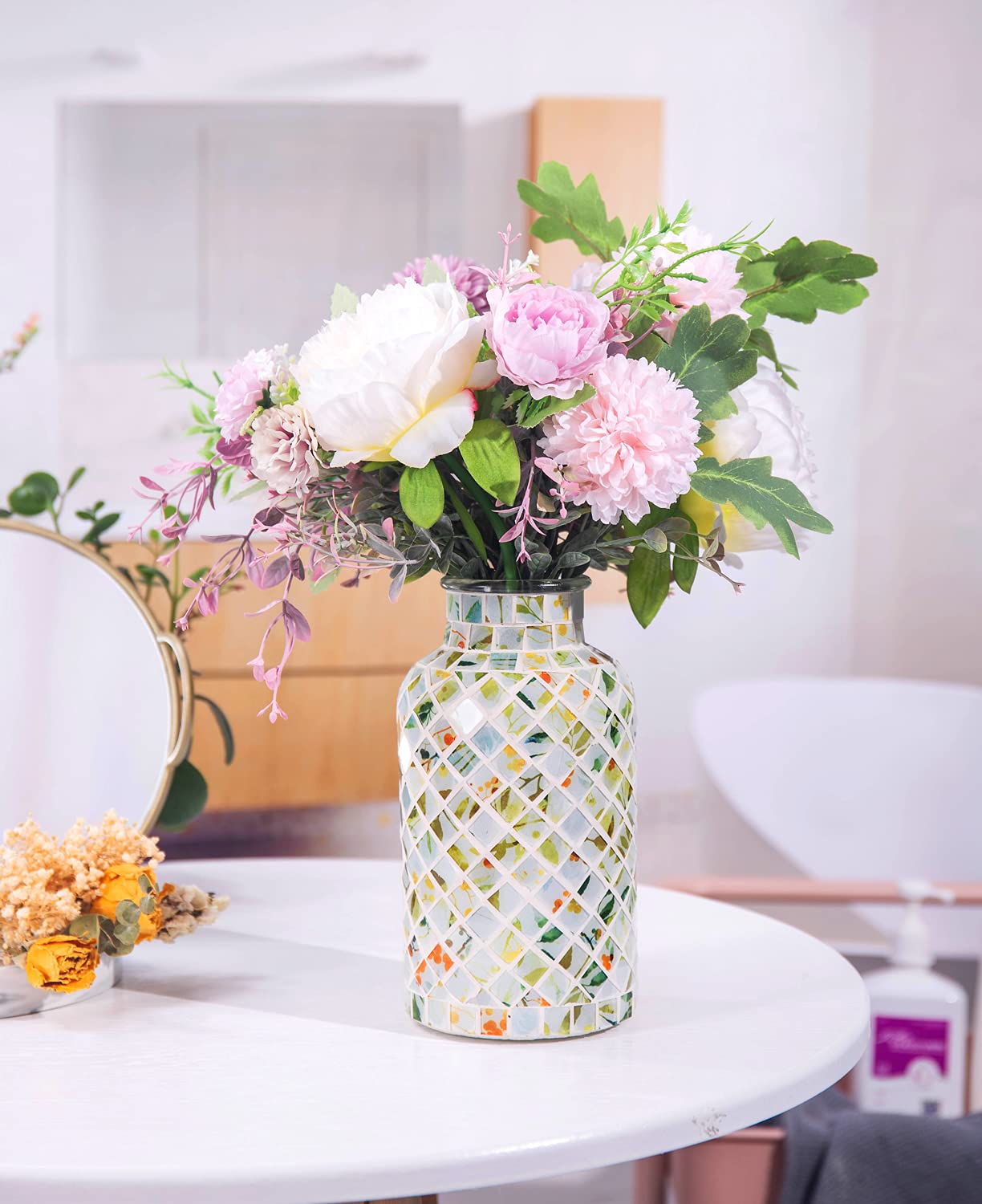 Classic Mosaic Flower Vase for Home Decor, 8”(H) Glass Handmade Table Centerpiece Container for Office, Living Room Kitchen, Wedding. (Green Day)