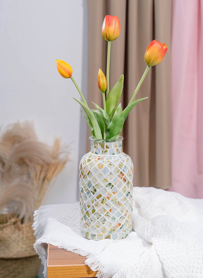 Classic Mosaic Flower Vase for Home Decor, 8”(H) Glass Handmade Table Centerpiece Container for Office, Living Room Kitchen, Wedding. (Green Day)